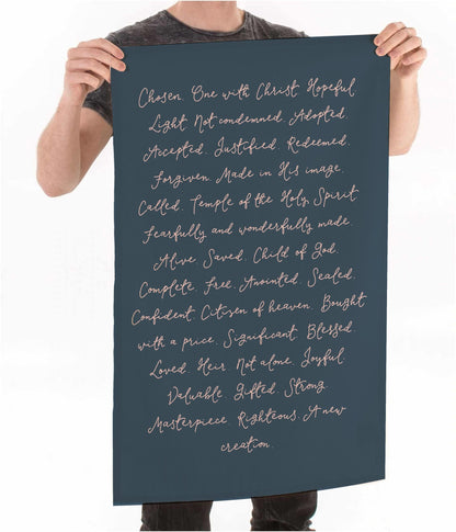 Identity in Christ hand-lettered tea towel - pink on blue And Hope Designs Kitchen Towels