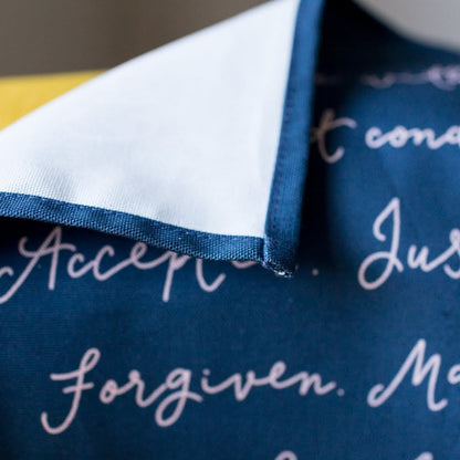 Identity in Christ hand-lettered tea towel - pink on blue And Hope Designs Kitchen Towels