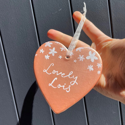 Personalised rose gold ceramic heart decoration And Hope Designs Baubles