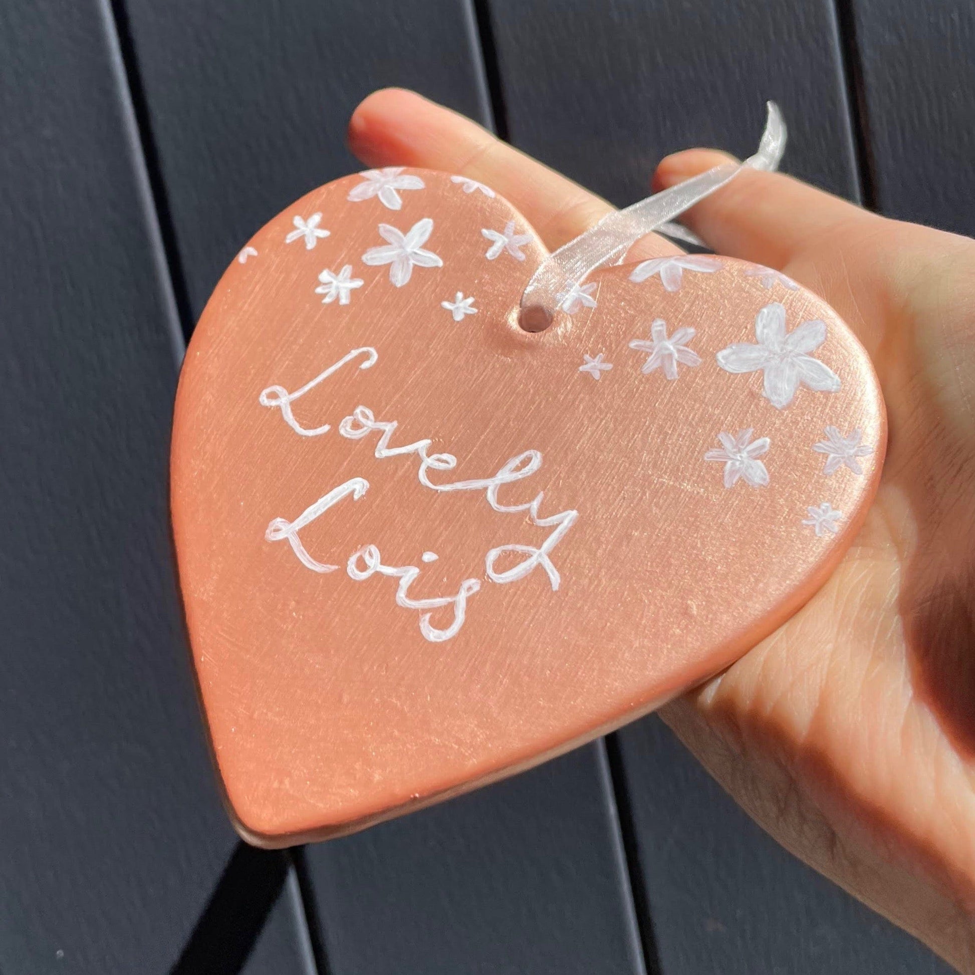 Personalised rose gold ceramic heart decoration And Hope Designs Baubles